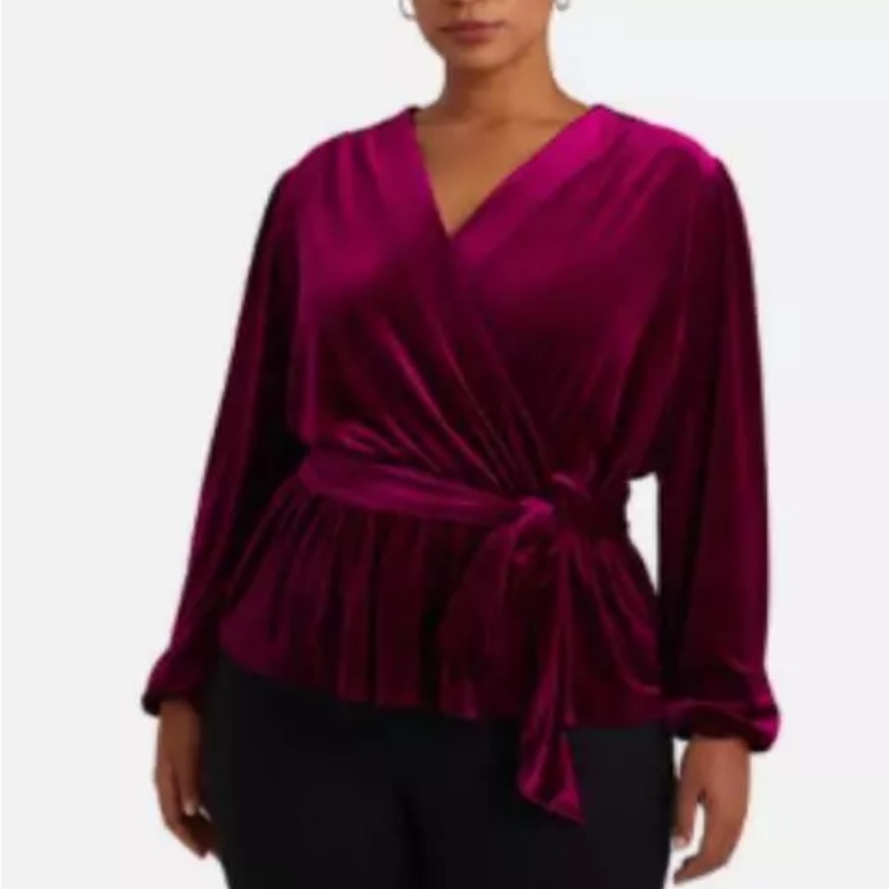Lauren Ralph Lauren Black Label Plus Size 3X Purple Velvet Belted Peplum Top